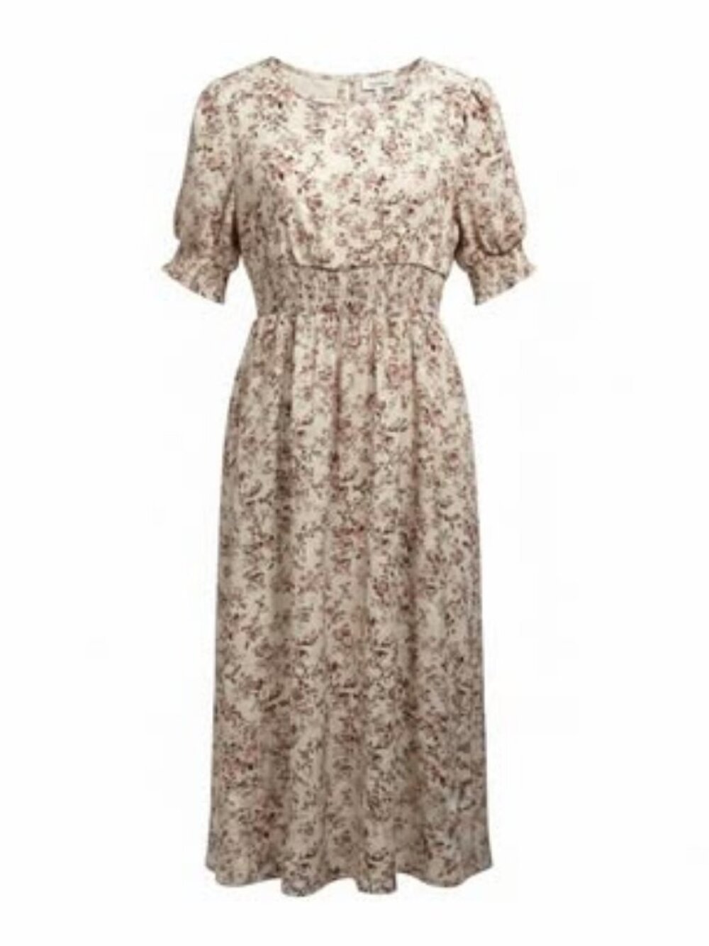 Cream Floral Puff-Sleeve Smocked-Waist Midi Dress